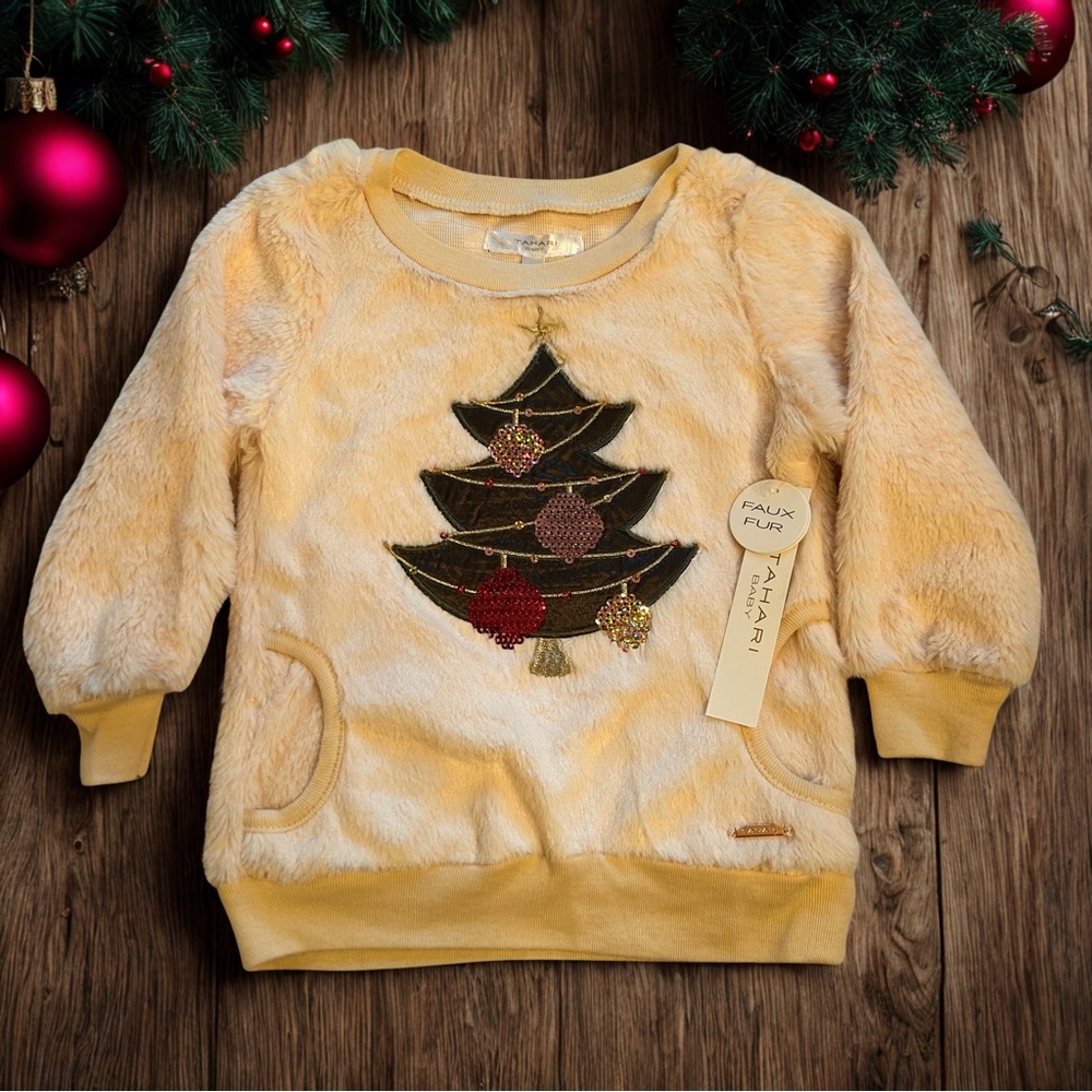 Tahari Baby Festive Yellow Faux Fur Kids Top with Christmas Tree